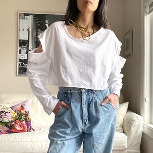 Oak+Fort white oversized slashed sleeve cropped top